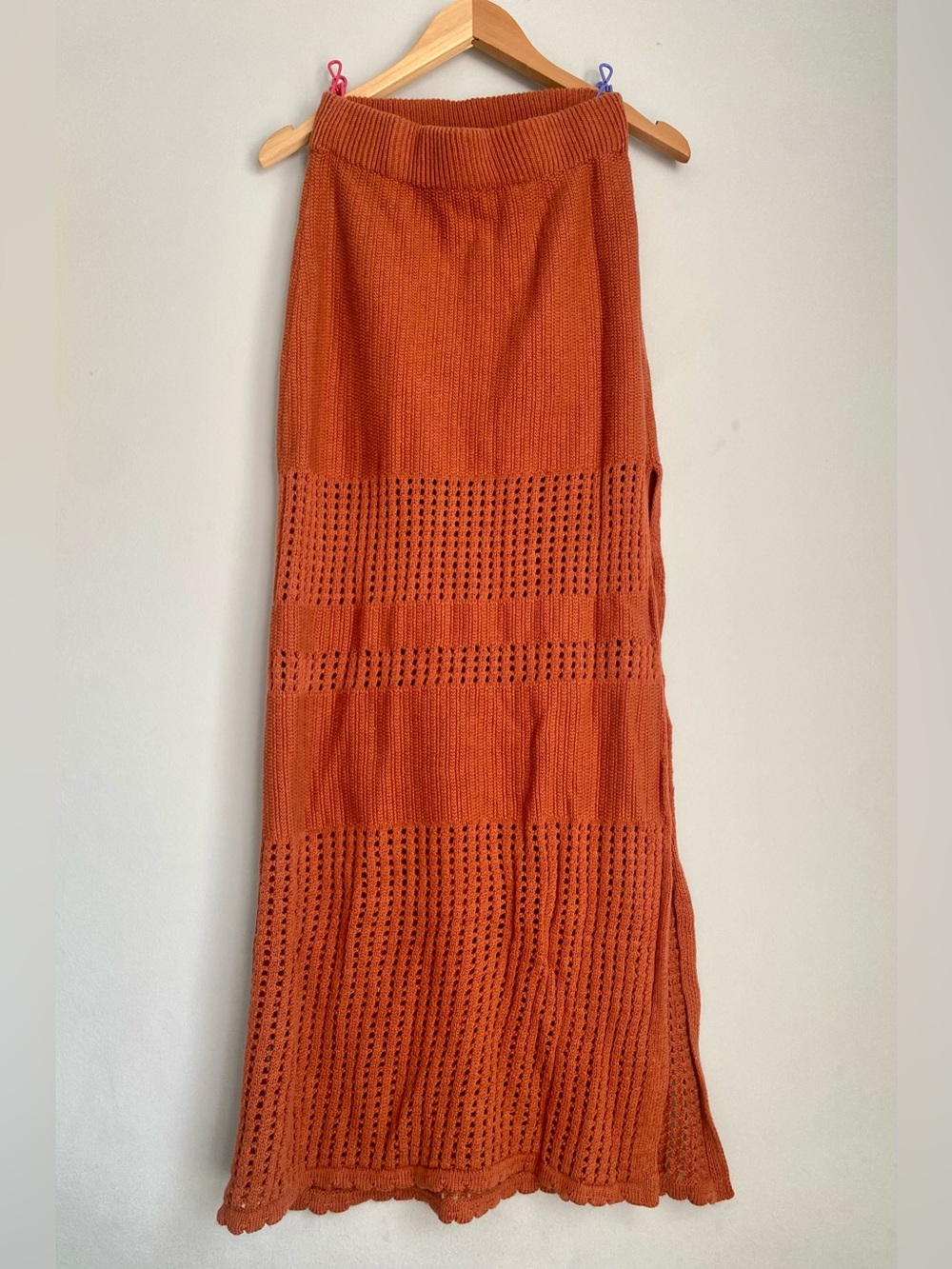 Quiet Luxury Vintage Elegant Burnt Orange Knit Maxi Skirt with Slit